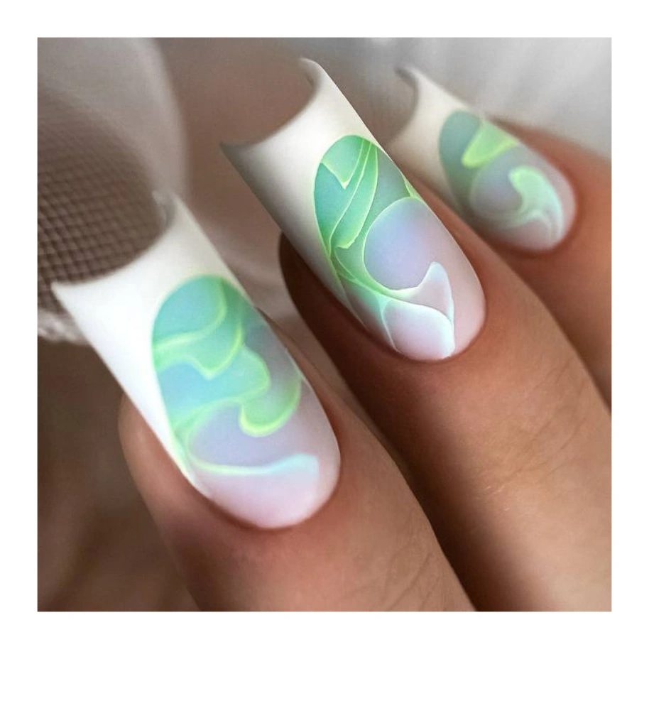 Green sculpted Art French nail design